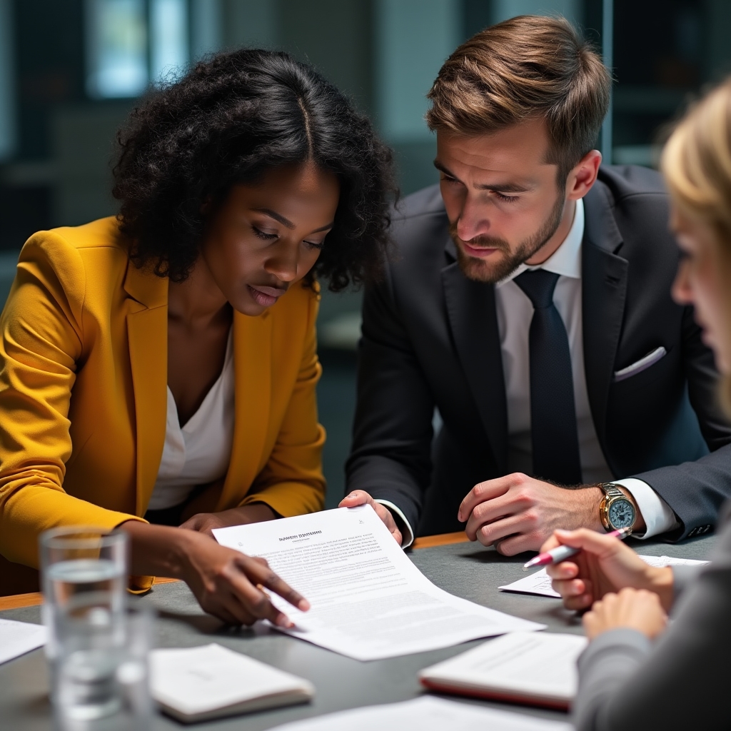Gruppo di professionisti che analizza un contratto durante un workshop sulla gestione dell'ambito del lavoro