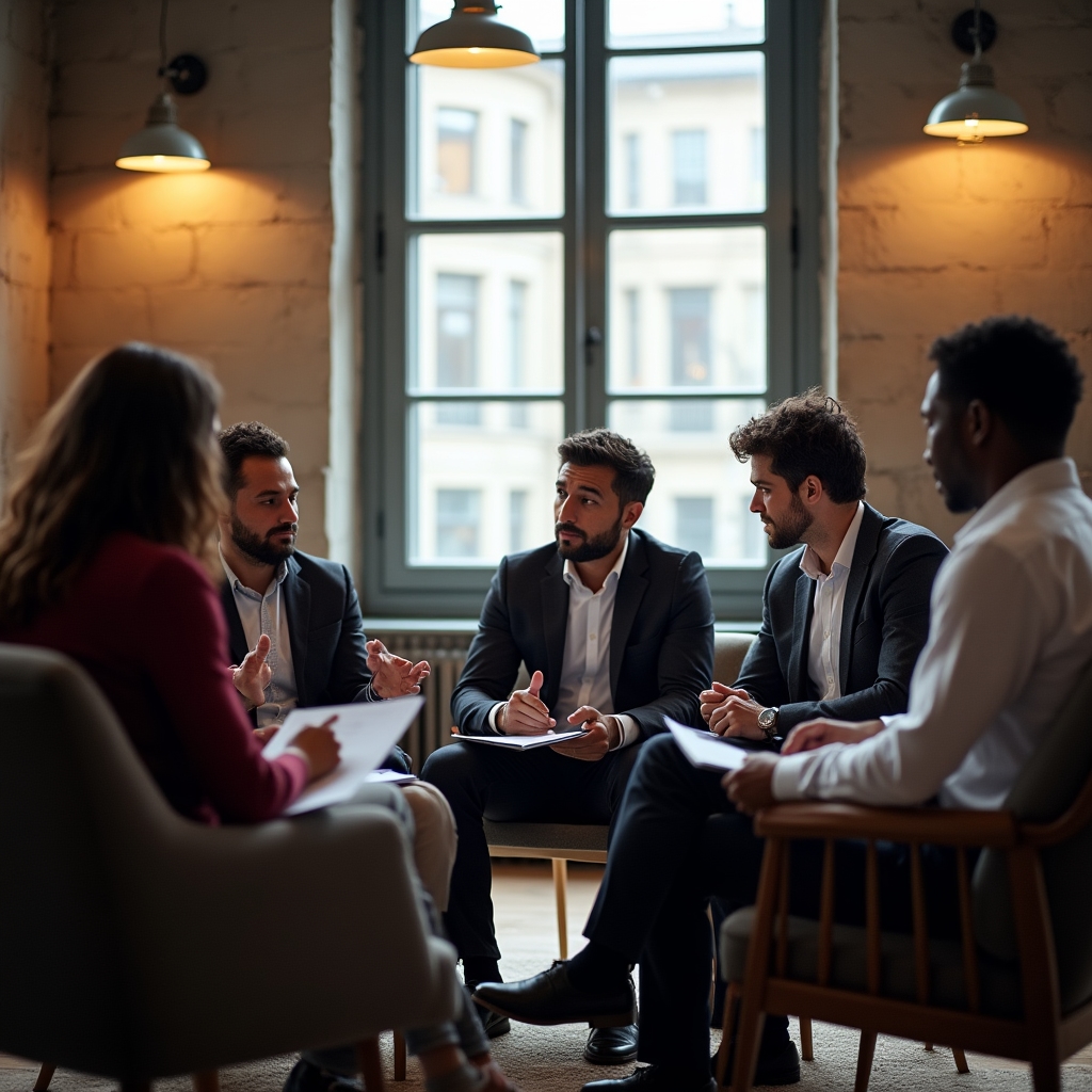 Piccolo gruppo di professionisti che discute strategie di negoziazione in aula